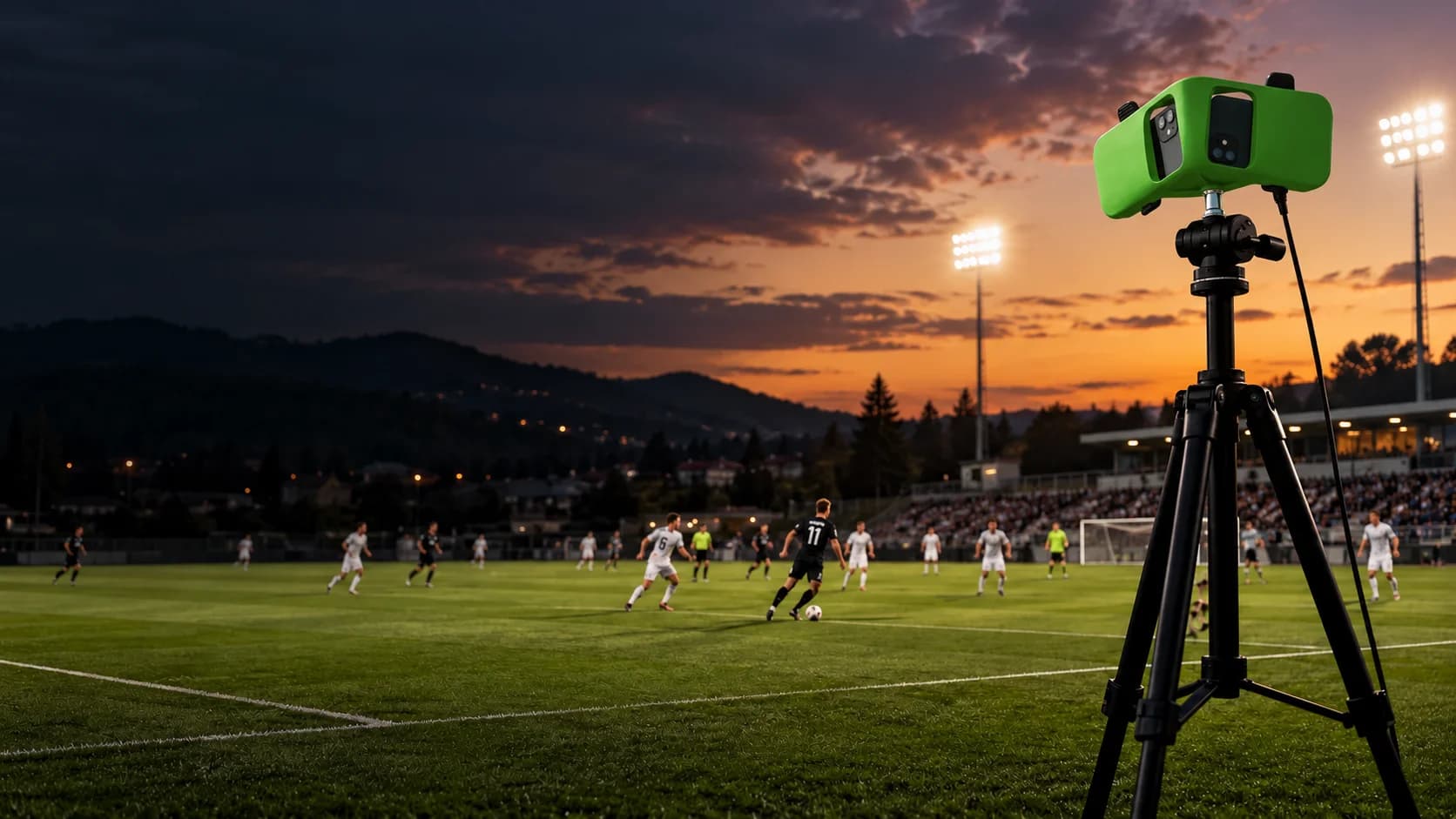 Green dual-phone sports recording camera beside a floodlit soccer pitch at dusk