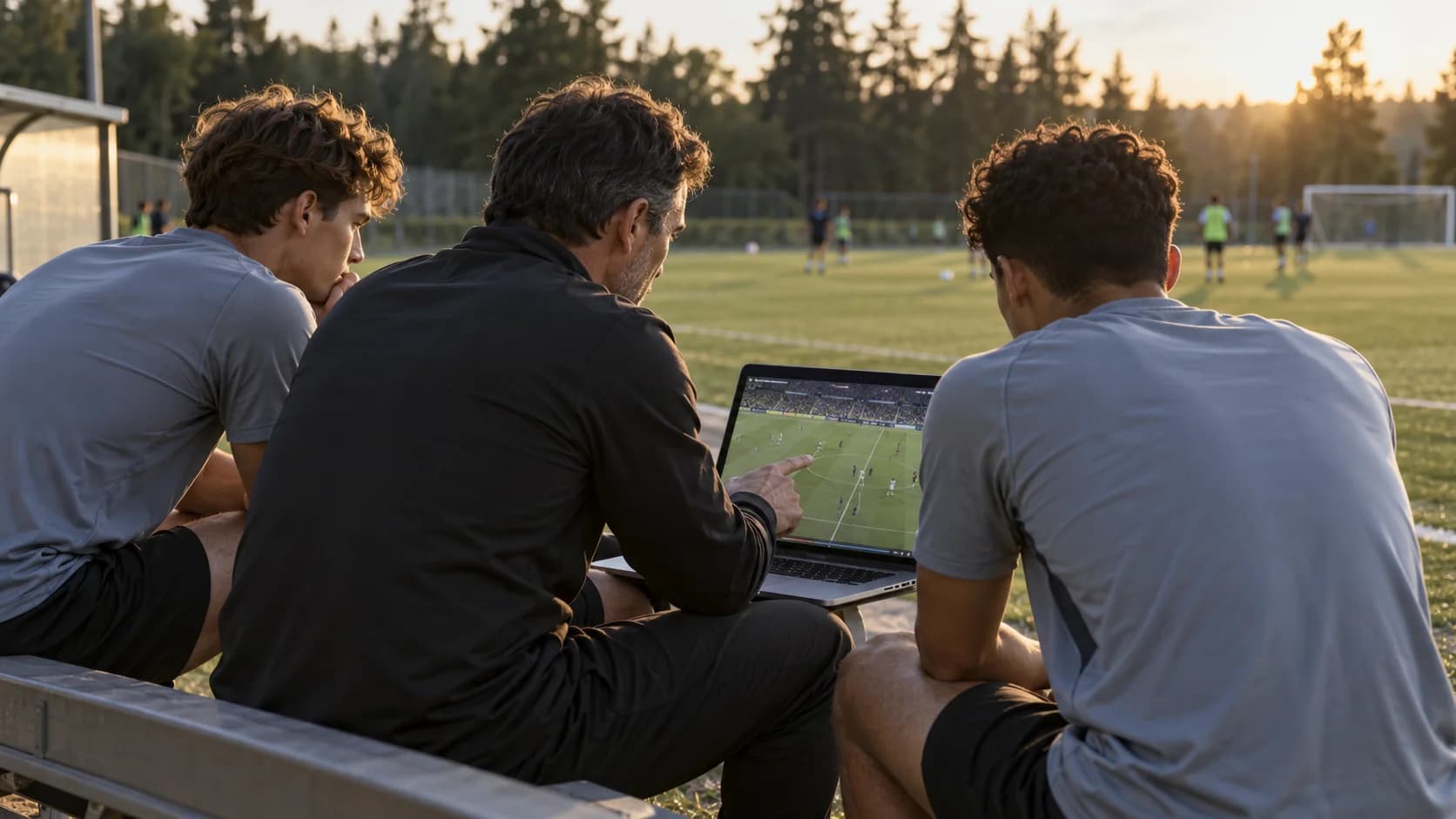 Coach and athletes reviewing match footage together beside the field